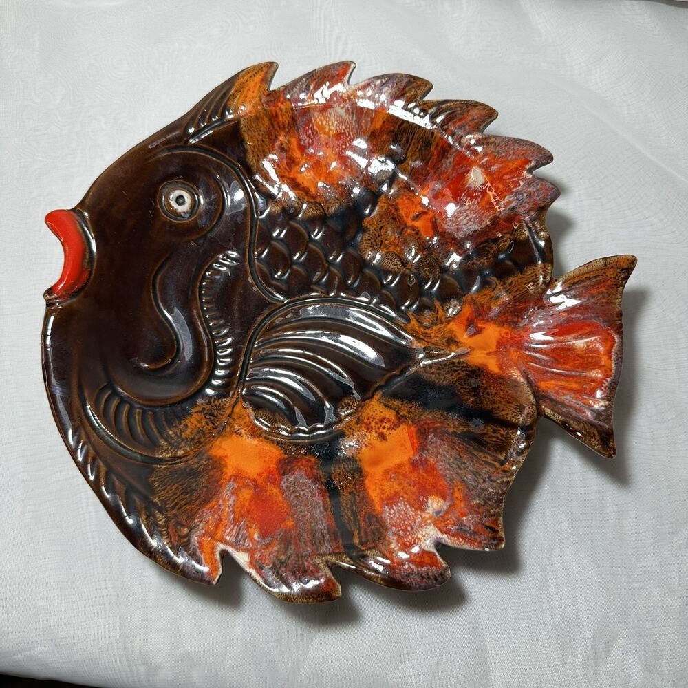 VALLAURIS Vintage Fish SHaped Plate French Hand Painted Majolica